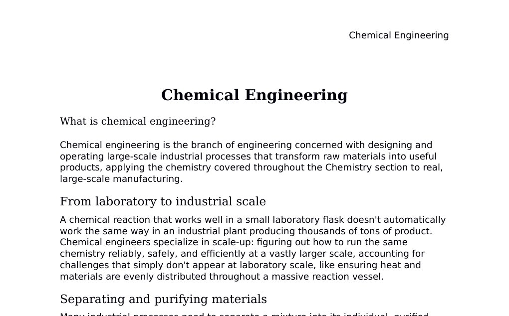 Mass balances, distillation, reactor design, and process control Dr. Dr. med. sci. Abidin GelesCopyright - All Rights Reserved: This document and all content on this website may not be published, reproduced, or distributed without the written permission of the author, Dr. Dr. med. sci. Abidin Geles.www.medwissen.ch abidin.geles@gmail.com Chemical Engineering What is chemical engineering?Chemical engineering is the branch of engineering concerned with designing and operating large-scale industrial processes that transform raw materials into useful products, applying the chemistry covered throughout the Chemistry section to real, large-scale manufacturing.…