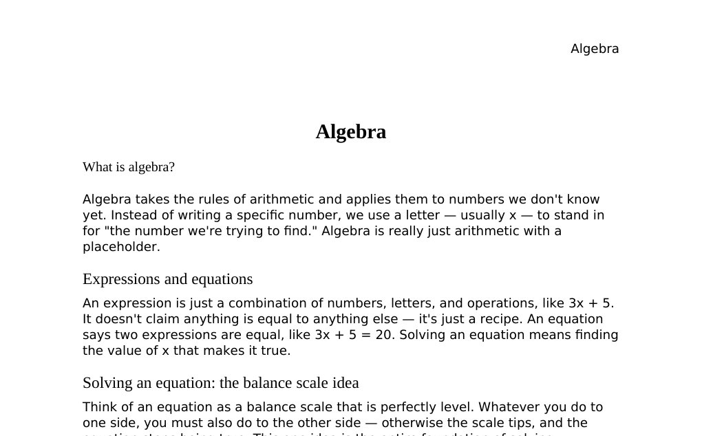 (solving for the unknown: arithmetic extended to work with variables) Dr. Dr. med. sci. Abidin GelesCopyright - All Rights Reserved: This document and all content on this website may not be published, reproduced, or distributed without the written permission of the author, Dr. Dr. med. sci. Abidin Geles.www.medwissen.ch abidin.geles@gmail.com Algebra What is algebra?Algebra takes the rules of arithmetic and applies them to numbers we don't know yet. Instead of writing a specific number, we use a letter — usually x — to stand in for "the number we're trying to find." Algebra is really just arithmetic with a placeholder.…