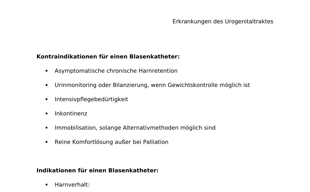 Kontraindikationen für einen Blasenkatheter: Asymptomatische chronische Harnretention Urinmonitoring oder Bilanzierung, wenn Gewichtskontrolle möglich ist Intensivpflegebedürtigkeit Inkontinenz Immobilisation, solange Alternativmethoden möglich sind Reine Komfortlösung außer bei Palliation Indikationen für einen Blasenkatheter: Harnverhalt: Akuter Harnverhalt Symptomatische chronische Ausflussobstruktion und 300 ml Restharn Urinmonitoring / BilanzierungIn regelmässigen kurzen Intervallen und direkte therapeutische Konsequenzen aus der BilanzierungOperationen Lange Operationen (>4 Stunden) Perioperativ: aus operationstechnischen Gründen Urogenitalchirurgie und / oder Beckenbodenchirurgie Epidurale / peridurale Anästhesie / Analgesie Dekubitalulcera und Inkontinenz…