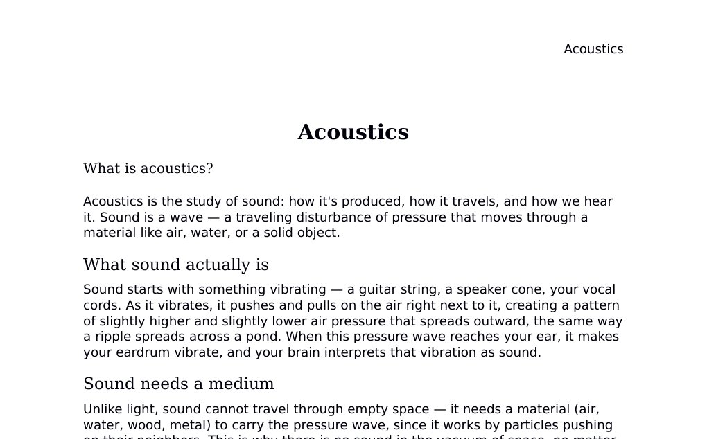 Sound waves, pitch, resonance, and the Doppler effect Dr. Dr. med. sci. Abidin GelesCopyright - All Rights Reserved: This document and all content on this website may not be published, reproduced, or distributed without the written permission of the author, Dr. Dr. med. sci. Abidin Geles.www.medwissen.ch abidin.geles@gmail.com Acoustics What is acoustics?Acoustics is the study of sound: how it's produced, how it travels, and how we hear it. Sound is a wave — a traveling disturbance of pressure that moves through a material like air, water, or a solid object.…