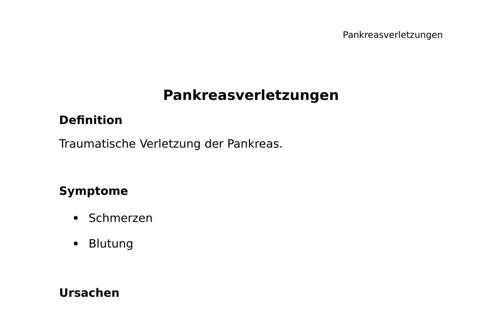Pankreasverletzungen Definition Traumatische Verletzung der Pankreas. Symptome Schmerzen Blutung Ursachen Auffahrunfall Anprall Schuss- oder Stickverletzungen Diagnose Anamnese Sonographie CT MRCP ERCP Gangverletzungen Peritoneallavage Explorative Laparotomie Penetrierende Verletzungen Einteilung: 1 Kapselläsion 2 tiefe Parenchymläsion 3 Ruptur 4 Begleitverletzungen Therapie: Konservativ Operative ab Grad 2 Bei Fragen / Feedback bitte E-Mail an abidin.geles@gmail.com DANKE Abidin Geles www.medwissen.ch …