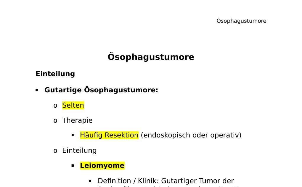 Ösophagustumore Einteilung Gutartige Ösophagustumore: Selten Therapie Häufig Resektion (endoskopisch oder operativ) Einteilung LeiomyomeDefinition / Klinik: Gutartiger Tumor der Speiseröhre. Es ist ein gut gekapselter Tumor, der von der glatten Muskulatur ausgehend bis in die Schleimhaut reicht, wenn Wachstum kugelig kaum je Symptomatik, wenn er Lumen „hufeisenförmig“ umwächst führt er zur Dysphagie, kann multiple auftretenSymptome: Dysphagie, selten Ulzerationen oder Blutungen Endoskopie: Glattwandige Expansion CT: Gekapselt Therapie: Extramuköse Enukleation über Rechts- oder Linksthorakotomie Prognose: Sehr gut Fibrome Lipome Hämangiome Keratoakanthome Ösophaguspapillome und granuläre Zelltumoren Selten Bösartige Entartung möglich Therapie: Vollständige Entfernung…