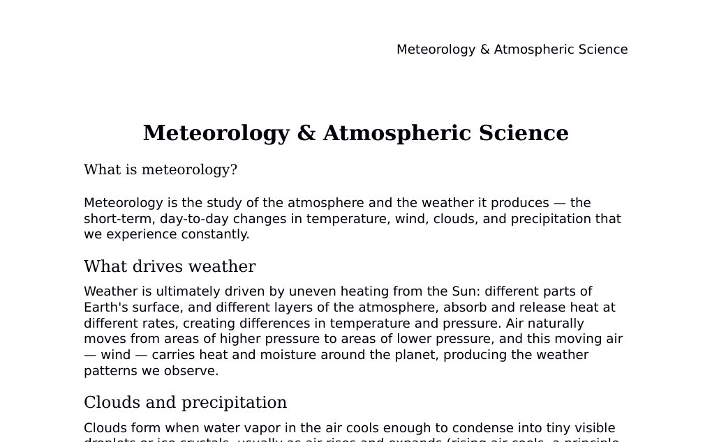 Weather, atmospheric structure, storms, and the physics of forecasting Dr. Dr. med. sci. Abidin GelesCopyright - All Rights Reserved: This document and all content on this website may not be published, reproduced, or distributed without the written permission of the author, Dr. Dr. med. sci. Abidin Geles.www.medwissen.ch abidin.geles@gmail.com Meteorology &amp; Atmospheric Science What is meteorology?Meteorology is the study of the atmosphere and the weather it produces — the short-term, day-to-day changes in temperature, wind, clouds, and precipitation that we experience constantly.…