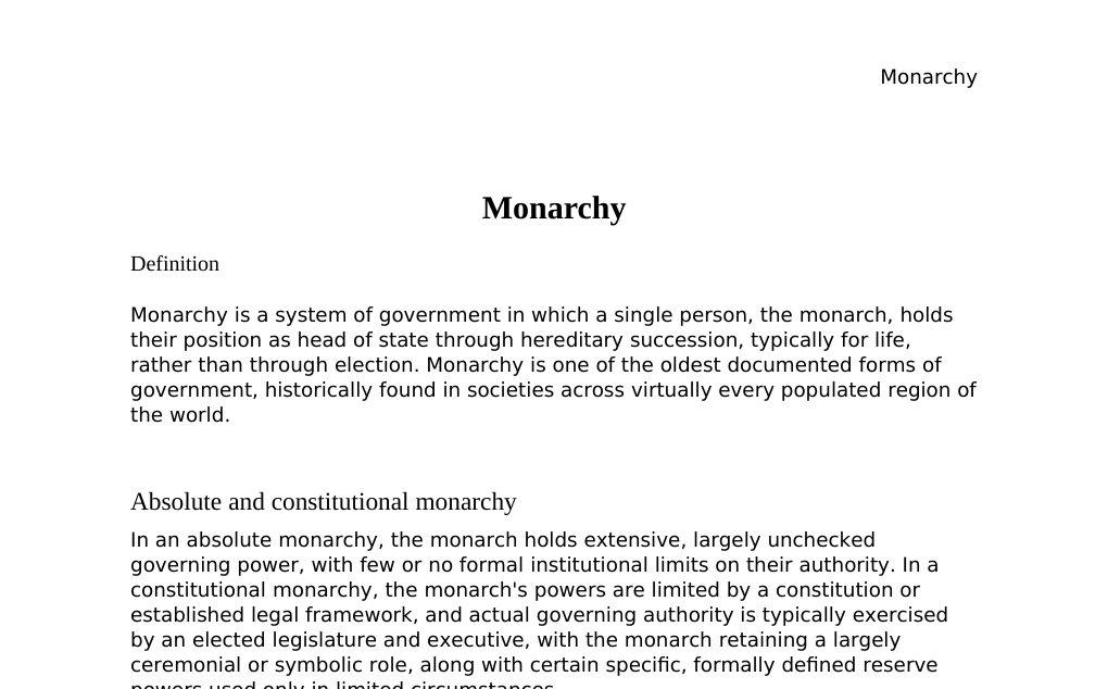 Hereditary succession, constitutional monarchy, and comparative political scienceDr. Dr. med. sci. Abidin GelesCopyright - All Rights Reserved: This document and all content on this website may not be published, reproduced, or distributed without the written permission of the author, Dr. Dr. med. sci. Abidin Geles.www.medwissen.ch abidin.geles@gmail.com Monarchy DefinitionMonarchy is a system of government in which a single person, the monarch, holds their position as head of state through hereditary succession, typically for life, rather than through election.…