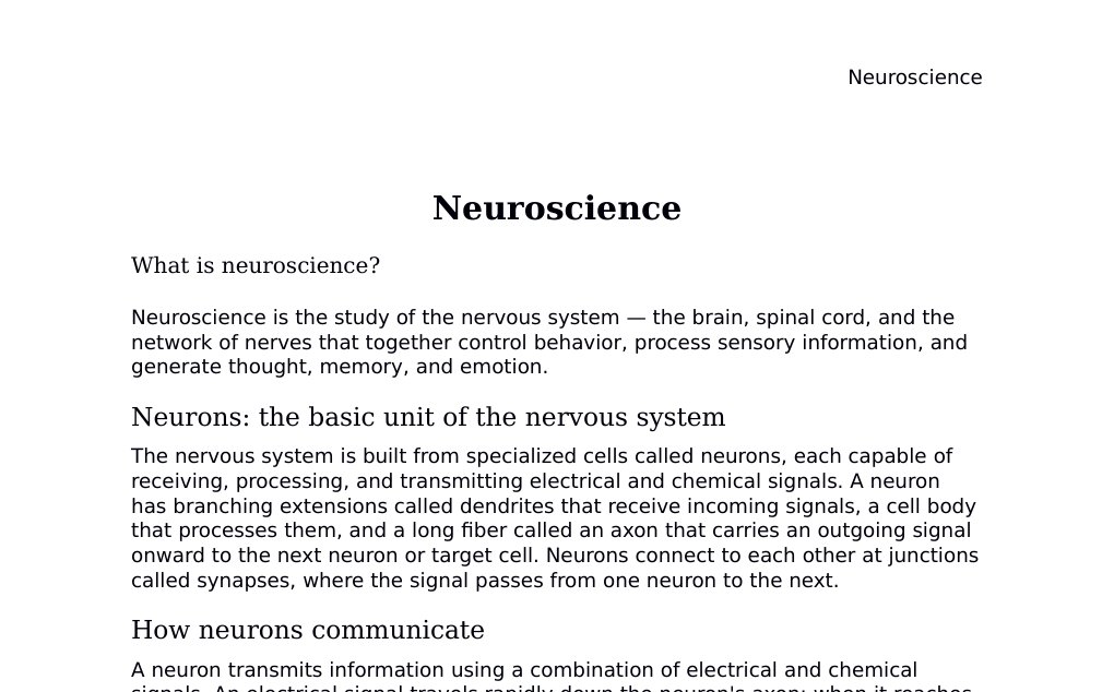 Neurons, action potentials, synaptic plasticity, and the Hodgkin-Huxley model Dr. Dr. med. sci. Abidin GelesCopyright - All Rights Reserved: This document and all content on this website may not be published, reproduced, or distributed without the written permission of the author, Dr. Dr. med. sci. Abidin Geles.www.medwissen.ch abidin.geles@gmail.com Neuroscience What is neuroscience?Neuroscience is the study of the nervous system — the brain, spinal cord, and the network of nerves that together control behavior, process sensory information, and generate thought, memory, and emotion.…