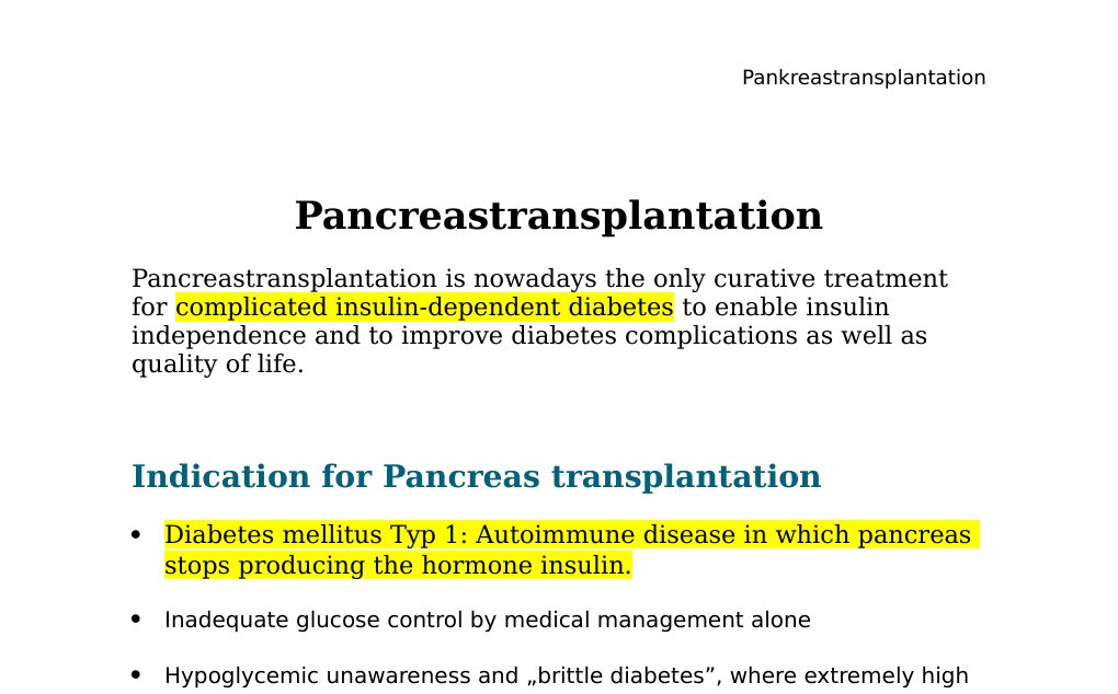 PancreastransplantationPancreastransplantation is nowadays the only curative treatment for complicated insulin-dependent diabetes to enable insulin independence and to improve diabetes complications as well as quality of life.Indication for Pancreas transplantationDiabetes mellitus Typ 1: Autoimmune disease in which pancreas stops producing the hormone insulin.Inadequate glucose control by medical management aloneHypoglycemic unawareness and „brittle diabetes”, where extremely high or low blood glucose levels are precipiated by minor dietary modifications.…