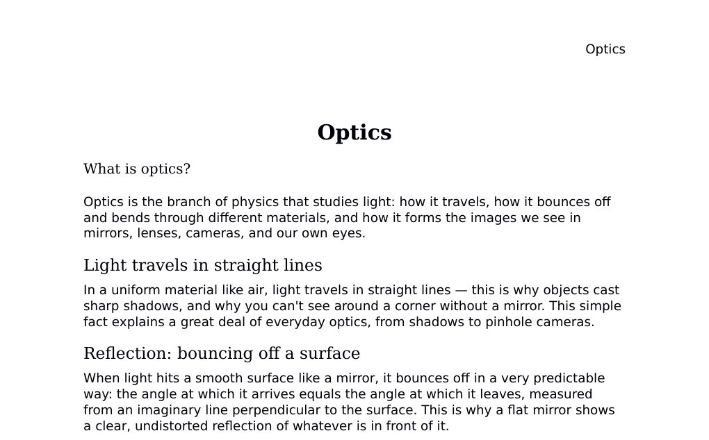 Reflection, refraction, lenses, and the wave nature of light Dr. Dr. med. sci. Abidin GelesCopyright - All Rights Reserved: This document and all content on this website may not be published, reproduced, or distributed without the written permission of the author, Dr. Dr. med. sci. Abidin Geles.www.medwissen.ch abidin.geles@gmail.com Optics What is optics?Optics is the branch of physics that studies light: how it travels, how it bounces off and bends through different materials, and how it forms the images we see in mirrors, lenses, cameras, and our own eyes.…