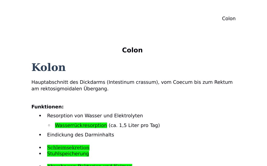 (Syn.: Dickdarm, Grimmdarm, lat. Intestinum crassum, engl. Colon, Large intestine)Dr. Dr. med. sci. Abidin GelesCopyright – All Rights Reserved: This document and all other data on the homepage are not to be publishedor reproduced without the permission of the author Dr. Dr. med. sci. Abidin Geles.www.medwissen.at | abidin.geles@gmail.com Colon KolonHauptabschnitt des Dickdarms (Intestinum crassum), vom Coecum bis zum Rektum am rektosigmoidalen Übergang.Funktionen: Resorption von Wasser und Elektrolyten Wasserrückresorption (ca. 1,5 Liter pro Tag) Eindickung des Darminhalts Schleimsekretion Stuhlspeicherung Abwehr von Bakterien und Keimen Bildung von essentiellen Aminosäuren durch die Bakterien drinnen Hat eine Darmflora.…