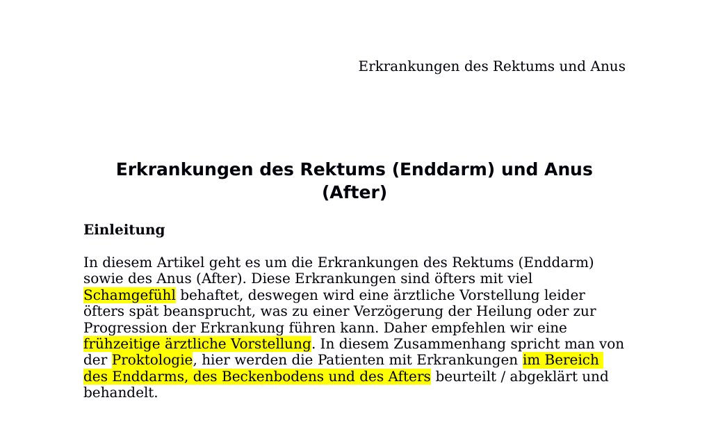 <w:t>Dr. Dr. med. sci. Abidin GelesCopyright - All Rights Reserved: This document and all other data on the homepage are not to publish or reproduce without the permission of the author Dr. Dr. med. sci. Abidin Geles.www.medwissen.ch abidin.geles@gmail.com Erkrankungen des Rektums (Enddarm) und Anus (After) EinleitungIn diesem Artikel geht es um die Erkrankungen des Rektums (Enddarm) sowie des Anus (After). Diese Erkrankungen sind öfters mit viel Schamgefühl behaftet, deswegen wird eine ärztliche Vorstellung leider öfters spät beansprucht, was zu einer Verzögerung der Heilung oder zur Progression der Erkrankung führen kann.…