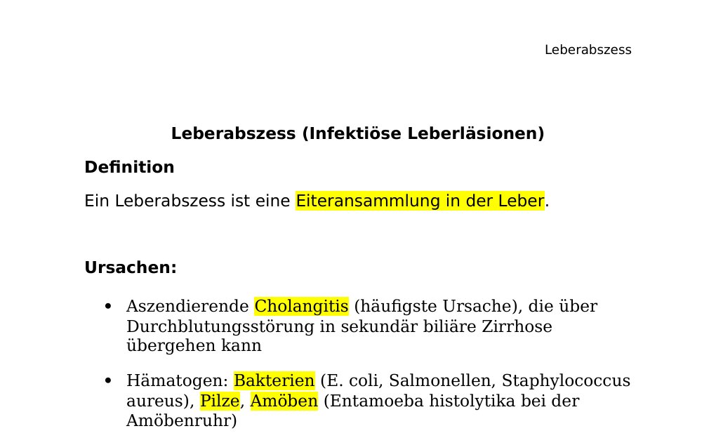 Leberabszess (Infektiöse Leberläsionen) Definition Ein Leberabszess ist eine Eiteransammlung in der Leber. Ursachen: Aszendierende Cholangitis (häufigste Ursache), die über Durchblutungsstörung in sekundär biliäre Zirrhose übergehen kannHämatogen: Bakterien (E. coli, Salmonellen, Staphylococcus aureus), Pilze, Amöben (Entamoeba histolytika bei der Amöbenruhr)…