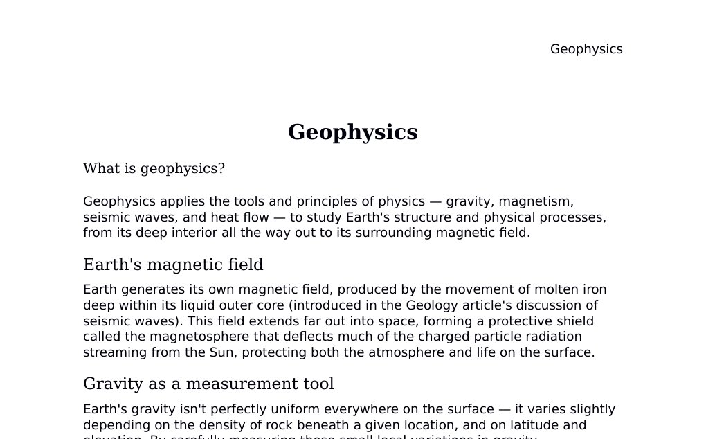 Earth's magnetic field, gravity, seismic tomography, and geothermal heat flow Dr. Dr. med. sci. Abidin GelesCopyright - All Rights Reserved: This document and all content on this website may not be published, reproduced, or distributed without the written permission of the author, Dr. Dr. med. sci. Abidin Geles.www.medwissen.ch abidin.geles@gmail.com Geophysics What is geophysics?Geophysics applies the tools and principles of physics — gravity, magnetism, seismic waves, and heat flow — to study Earth's structure and physical processes, from its deep interior all the way out to its surrounding magnetic field.…