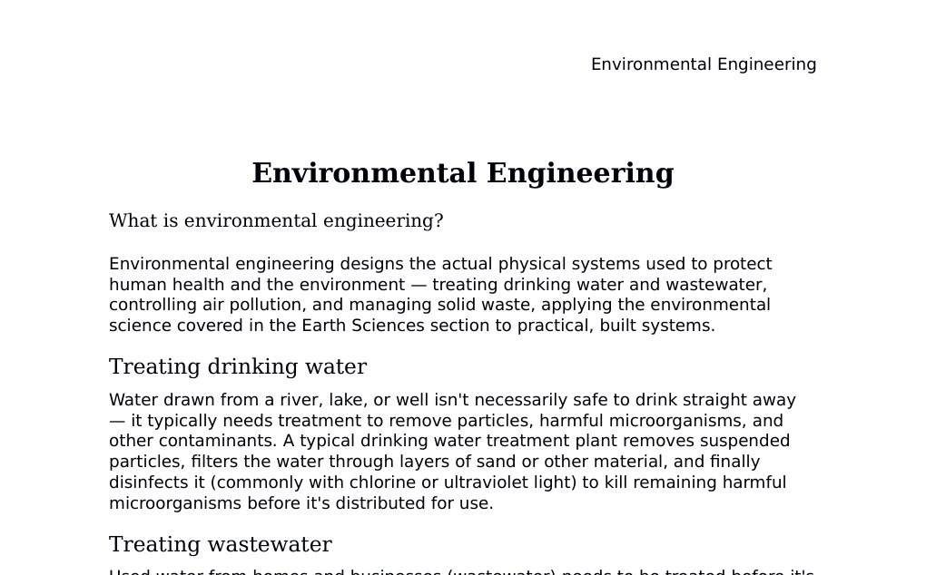 Water treatment, activated sludge, air pollution control, and Chick's law Dr. Dr. med. sci. Abidin GelesCopyright - All Rights Reserved: This document and all content on this website may not be published, reproduced, or distributed without the written permission of the author, Dr. Dr. med. sci. Abidin Geles.www.medwissen.ch abidin.geles@gmail.com Environmental Engineering What is environmental engineering?Environmental engineering designs the actual physical systems used to protect human health and the environment — treating drinking water and wastewater, controlling air pollution, and managing solid waste, applying the environmental science covered in the Earth Sciences section to practical, built systems.…
