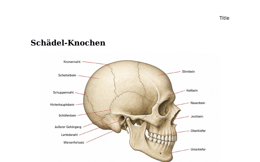 Schädel-Knochen Abbildung: Schädel lateral mit wichtigen Knochen und Nähten.Der Schädel bildet das knöcherne Grundgerüst des Kopfes. Er schützt Gehirn, Hirnhäute, Gefäße und Sinnesorgane (Augen, Ohren, Riechorgan und Geschmacksorgan), formt die Gesichtsregion, begrenzt Nasen- und Mundhöhle, bildet die Orbitae und enthält zahlreiche Durchtrittsstellen für Hirnnerven und Gefäße.Anatomisch wird der Schädel meist in den Hirnschädel (Neurocranium) und den Gesichtsschädel (Viscerocranium bzw. Splanchnocranium) eingeteilt. Zusätzlich kann man die Kalotte (Schädeldach), die Schädelbasis und die Gesichtsschädelanteile getrennt betrachten.…