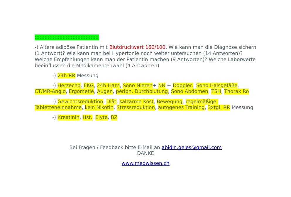 Dr. med. univ. Abidin Geles Definition:Bluthochdruck, syn. Hypertonus (über(mässige) Spannung oder Tonus). Der Tonus im arteriellen Blutkreislauf chronisch über 140 mmHg systolisch oder über 90 mmHg diastolisch vorliegt.Symptomatik und Folgen: Gefässschädigungen, Herzinfakt- und Schlaganfallrisiko Diagnostik: 24h Blutdruckmessung Therapie:1-) Risikofaktoren stoppen / reduzieren: Rauchen, Alkoholkonsum, Übergewicht, körperliche Inaktivität, Salzüberkonsum, Hypokaliämie, niedriger Konsum von Obst / Gemüse / Fisch, Überkonsum von gesättigten Fettsäuren, weniger Zufuhr von L-Arginin, weniger Exposition durch die Sonne (UVA-Strahlung), weniger Konsum von Omega-3-Fettsäurehaltige Fischkonsum.…
