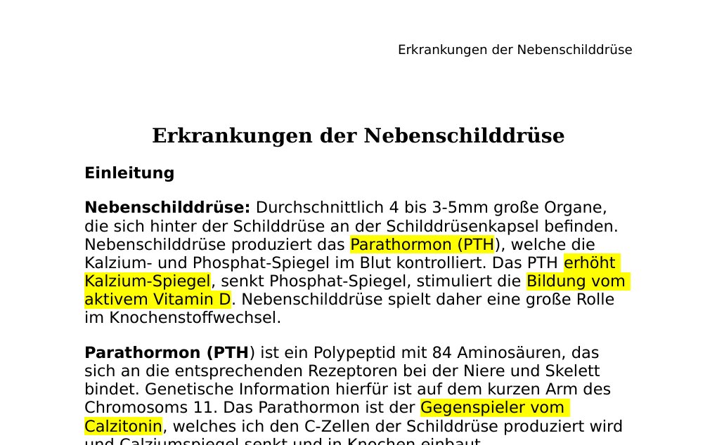 Erkrankungen der Nebenschilddrüse EinleitungNebenschilddrüse: Durchschnittlich 4 bis 3-5mm große Organe, die sich hinter der Schilddrüse an der Schilddrüsenkapsel befinden. Nebenschilddrüse produziert das Parathormon (PTH), welche die Kalzium- und Phosphat-Spiegel im Blut kontrolliert. Das PTH erhöht Kalzium-Spiegel, senkt Phosphat-Spiegel, stimuliert die Bildung vom aktivem Vitamin D. Nebenschilddrüse spielt daher eine große Rolle im Knochenstoffwechsel.Parathormon (PTH) ist ein Polypeptid mit 84 Aminosäuren, das sich an die entsprechenden Rezeptoren bei der Niere und Skelett bindet.…