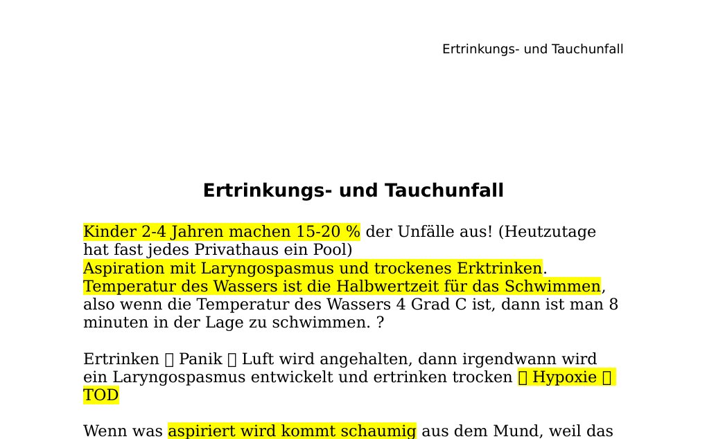 Ertrinkungs- und TauchunfallKinder 2-4 Jahren machen 15-20 % der Unfälle aus! (Heutzutage hat fast jedes Privathaus ein Pool)Aspiration mit Laryngospasmus und trockenes Erktrinken.Temperatur des Wassers ist die Halbwertzeit für das Schwimmen, also wenn die Temperatur des Wassers 4 Grad C ist, dann ist man 8 minuten in der Lage zu schwimmen. ?Ertrinken Panik Luft wird angehalten, dann irgendwann wird ein Laryngospasmus entwickelt und ertrinken trocken Hypoxie TODWenn was aspiriert wird kommt schaumig aus dem Mund, weil das Aspirat sich mit Surfactant aus der Lunge vermischt.…