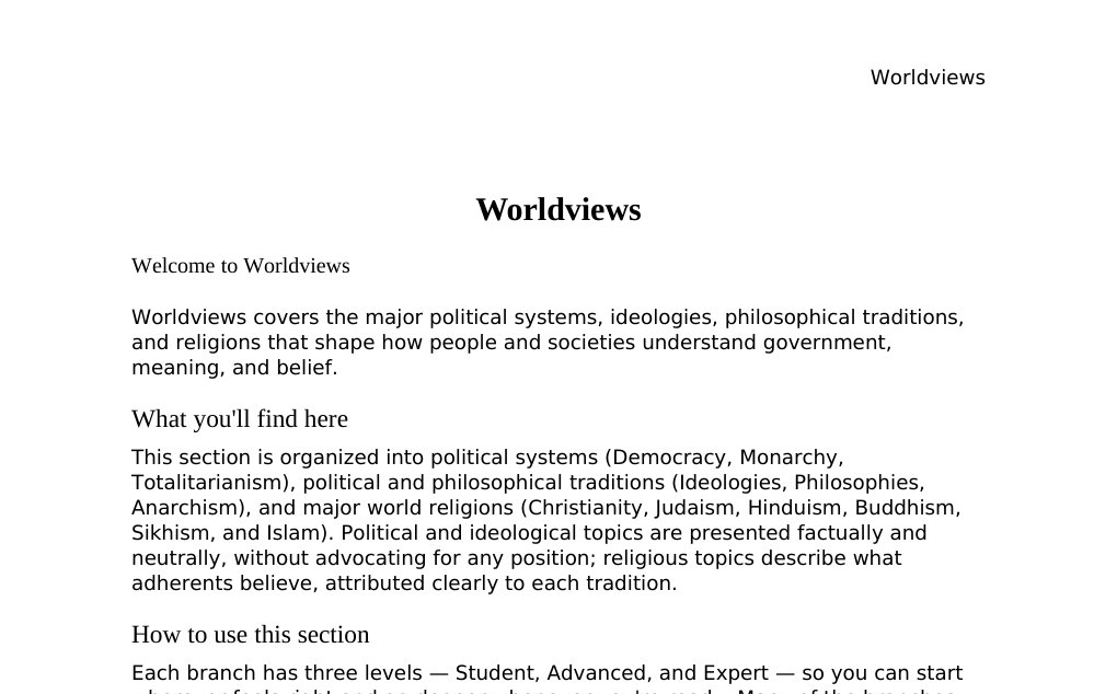 An introduction to the political systems, ideologies, philosophies, and religions covered in this sectionDr. Dr. med. sci. Abidin GelesCopyright - All Rights Reserved: This document and all content on this website may not be published, reproduced, or distributed without the written permission of the author, Dr. Dr. med. sci. Abidin Geles.www.medwissen.ch abidin.geles@gmail.com Worldviews Welcome to WorldviewsWorldviews covers the major political systems, ideologies, philosophical traditions, and religions that shape how people and societies understand government, meaning, and belief.…
