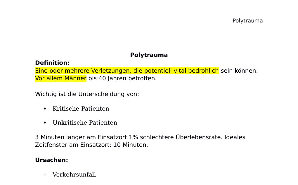 Polytrauma Definition:Eine oder mehrere Verletzungen, die potentiell vital bedrohlich sein können. Vor allem Männer bis 40 Jahren betroffen.Wichtig ist die Unterscheidung von: Kritische Patienten Unkritische Patienten3 Minuten länger am Einsatzort 1% schlechtere Überlebensrate. Ideales Zeitfenster am Einsatzort: 10 Minuten.Ursachen: Verkehrsunfall Stürzen aus großer Höhe Arbeitsunfälle Freizeitaktivitäten Gewaltverbrechen Offene Hals-, Rumpf- und Kopfverletzungen mit Bewusstseinstrübung Schussverletzungen Gehirnverletzungen Amputationsverletzungen von Gliedmassen Becken- oder Oberschenkelfrakturen Querschnittsverletzung Grossflächige Verbrennungen Verletzungen der Brust mit Beeinträchtigung von Atmung und Herzfunktion Grobe Einteilung der Traumata nach Körperregionen: ZNS-Trauma (SHT, WS) Thoraxtrauma: Inspektion: Atemtyp?…