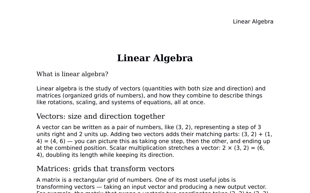 (the mathematics of vectors, matrices, and linear transformations) Dr. Dr. med. sci. Abidin GelesCopyright - All Rights Reserved: This document and all content on this website may not be published, reproduced, or distributed without the written permission of the author, Dr. Dr. med. sci. Abidin Geles.www.medwissen.ch abidin.geles@gmail.com Linear Algebra What is linear algebra?Linear algebra is the study of vectors (quantities with both size and direction) and matrices (organized grids of numbers), and how they combine to describe things like rotations, scaling, and systems of equations, all at once.…