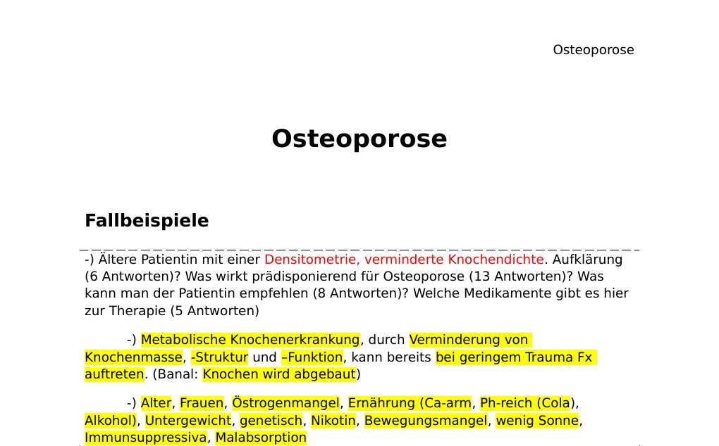 Osteoporose Fallbeispiele-) Ältere Patientin mit einer Densitometrie, verminderte Knochendichte. Aufklärung (6 Antworten)? Was wirkt prädisponierend für Osteoporose (13 Antworten)? Was kann man der Patientin empfehlen (8 Antworten)? Welche Medikamente gibt es hier zur Therapie (5 Antworten)-) Metabolische Knochenerkrankung, durch Verminderung von Knochenmasse, -Struktur und –Funktion, kann bereits bei geringem Trauma Fx auftreten. (Banal: Knochen wird abgebaut)-) Alter, Frauen, Östrogenmangel, Ernährung (Ca-arm, Ph-reich (Cola), Alkohol), Untergewicht, genetisch, Nikotin, Bewegungsmangel, wenig Sonne, Immunsuppressiva, Malabsorption…