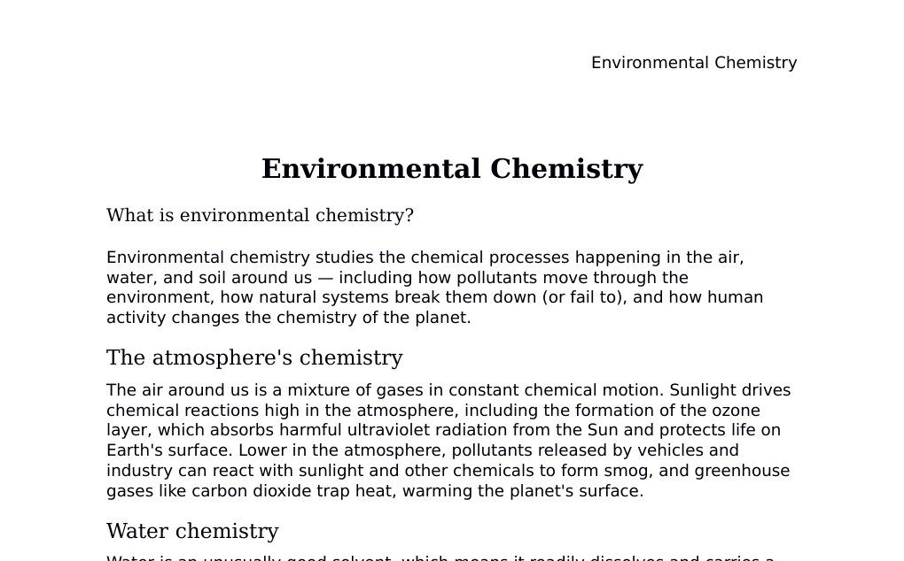 Atmospheric chemistry, ozone depletion, the greenhouse effect, and pollutants Dr. Dr. med. sci. Abidin GelesCopyright - All Rights Reserved: This document and all content on this website may not be published, reproduced, or distributed without the written permission of the author, Dr. Dr. med. sci. Abidin Geles.www.medwissen.ch abidin.geles@gmail.com Environmental Chemistry What is environmental chemistry?Environmental chemistry studies the chemical processes happening in the air, water, and soil around us — including how pollutants move through the environment, how natural systems break them down (or fail to), and how human activity changes the chemistry of the planet.…
