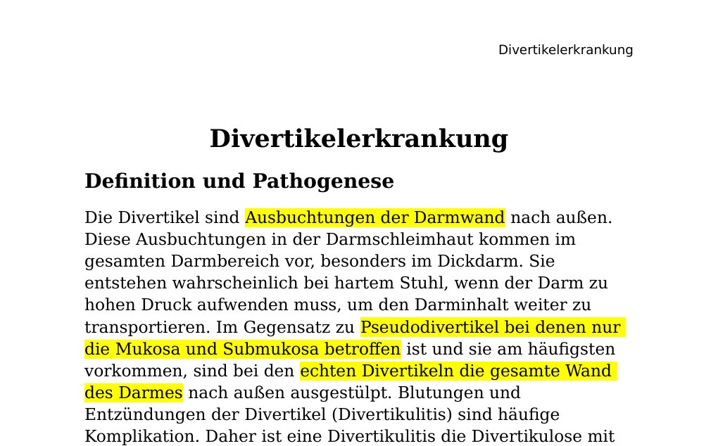 Divertikelerkrankung Definition und PathogeneseDie Divertikel sind Ausbuchtungen der Darmwand nach außen. Diese Ausbuchtungen in der Darmschleimhaut kommen im gesamten Darmbereich vor, besonders im Dickdarm. Sie entstehen wahrscheinlich bei hartem Stuhl, wenn der Darm zu hohen Druck aufwenden muss, um den Darminhalt weiter zu transportieren. Im Gegensatz zu Pseudodivertikel bei denen nur die Mukosa und Submukosa betroffen ist und sie am häufigsten vorkommen, sind bei den echten Divertikeln die gesamte Wand des Darmes nach außen ausgestülpt. Blutungen und Entzündungen der Divertikel (Divertikulitis) sind häufige Komplikation.…