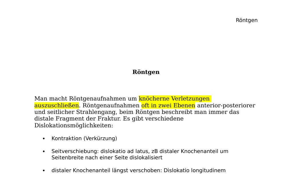 RöntgenMan macht Röntgenaufnahmen um knöcherne Verletzungen auszuschließen. Röntgenaufnahmen oft in zwei Ebenen anterior-posteriorer und seitlicher Strahlengang, beim Röntgen beschreibt man immer das distale Fragment der Fraktur. Es gibt verschiedene Dislokationsmöglichkeiten:Kontraktion (Verkürzung)Seitverschiebung: dislokatio ad latus, zB distaler Knochenanteil um Seitenbreite nach einer Seite dislokalisiertdistaler Knochenanteil längst verschoben: Dislokatio longitudinem (Achsen)Knick (Varus oder Valgus): Dislokatio ad axim Rotation: Dislokatio ad peripheriam Dislokatio ad longitudinem cum contractione: Längstverschiebung mit Verkürzung…