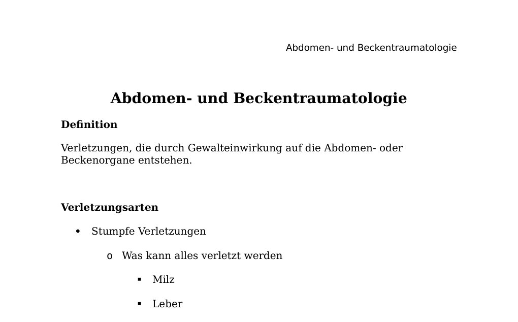 Abdomen- und Beckentraumatologie DefinitionVerletzungen, die durch Gewalteinwirkung auf die Abdomen- oder Beckenorgane entstehen.Verletzungsarten Stumpfe Verletzungen Was kann alles verletzt werden Milz Leber Nieren Gastrointestinaltrakt Harnblase Zwerchfell Ätiologie Sicherheitsgurt Schläge Einklemmung … Penetrierende Verletzungen Was kann alles verletzt werden Dünndarm Mesenterium Leber Kolon Ätiologie Messer-/Stichverletzungen: Gefährlich sind vor allem Fleischmesser-Verletzungen Schussverletzungen Unfälle TherapieBei Eröffnung des Abdomens oder der Thorax revisionspflichtige Laparoskopie oder Thorakoskopie…