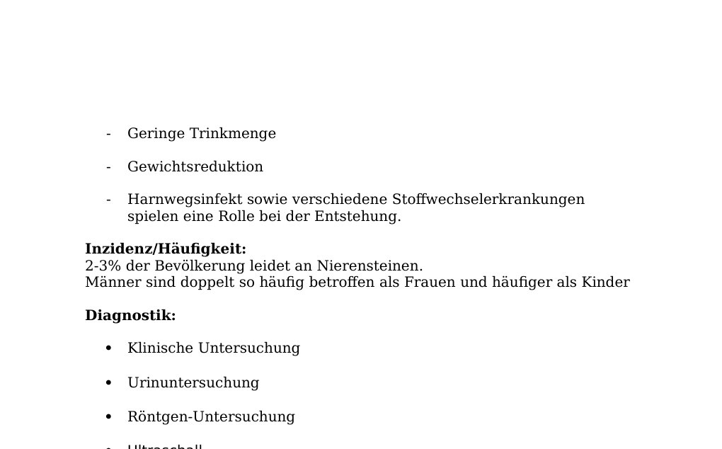 2018Definition: Wenn Stoffe bzw. Verbindungen im Harn in der Niere, in den ableitenden Harnwegen oder in der Blase auskristallisieren und Steine bilden.Meistens sind es Kalziumoxalatsteine (70-80%), danach folgen Harnsäuresteine (15-20%), Magnesiumphosphatsteine (10%), Zystinsteine (1%).Steine sind unterschiedlich gross von kleinen stecknadelkopf-grossen bis das ganze Nierenbecken füllende Steine.Klinik:Solange Steine nicht keine Harnstauung verursachen und/oder nicht in die Harnleiter gelangen verursachen sie keine Schmerzen.Symptome: Nierenkolik, Schmerzen, Harnstauung.…