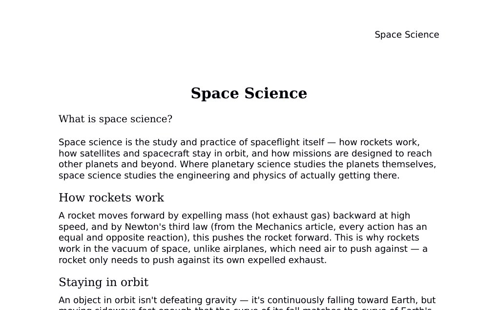 Rockets, orbital mechanics, satellites, and interplanetary trajectories Dr. Dr. med. sci. Abidin GelesCopyright - All Rights Reserved: This document and all content on this website may not be published, reproduced, or distributed without the written permission of the author, Dr. Dr. med. sci. Abidin Geles.www.medwissen.ch abidin.geles@gmail.com Space Science What is space science?Space science is the study and practice of spaceflight itself — how rockets work, how satellites and spacecraft stay in orbit, and how missions are designed to reach other planets and beyond.…