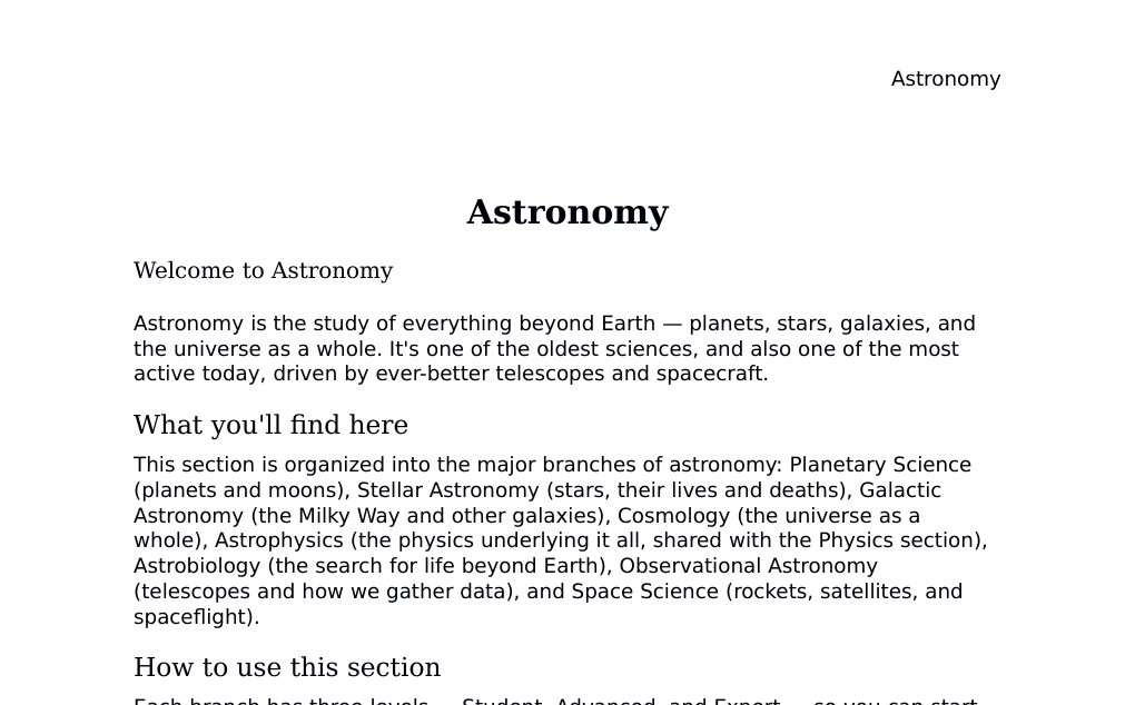 An introduction to the branches of astronomy covered in this section Dr. Dr. med. sci. Abidin GelesCopyright - All Rights Reserved: This document and all content on this website may not be published, reproduced, or distributed without the written permission of the author, Dr. Dr. med. sci. Abidin Geles.www.medwissen.ch abidin.geles@gmail.com Astronomy Welcome to AstronomyAstronomy is the study of everything beyond Earth — planets, stars, galaxies, and the universe as a whole. It's one of the oldest sciences, and also one of the most active today, driven by ever-better telescopes and spacecraft.…