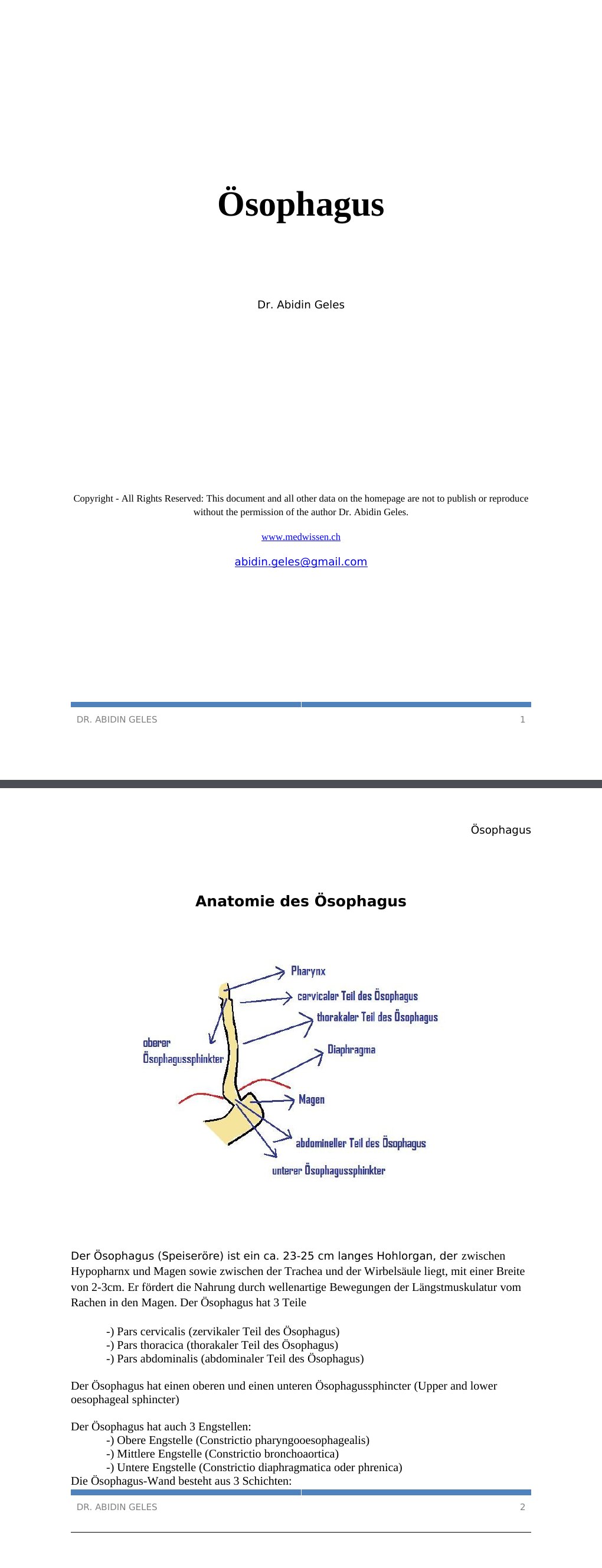 Anatomie des ÖsophagusDer Ösophagus (Speiseröre) ist ein ca. 23-25 cm langes Hohlorgan, der zwischen Hypopharnx und Magen sowie zwischen der Trachea und der Wirbelsäule liegt, mit einer Breite von 2-3cm. Er fördert die Nahrung durch wellenartige Bewegungen der Längstmuskulatur vom Rachen in den Magen. Der Ösophagus hat 3 Teile-) Pars cervicalis (zervikaler Teil des Ösophagus) -) Pars thoracica (thorakaler Teil des Ösophagus) -) Pars abdominalis (abdominaler Teil des Ösophagus)Der Ösophagus hat einen oberen und einen unteren Ösophagussphincter (Upper and lower oesophageal sphincter)…