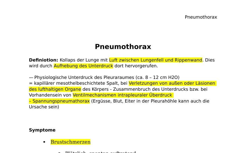 PneumothoraxDefiniotion: Kollaps der Lunge mit Luft zwischen Lungenfell und Rippenwand. Dies wird durch Aufhebung des Unterdruck dort hervorgerufen.— Physiologische Unterdruck des Pleuraraumes (ca. 8 – 12 cm H2O) = kapillärer mesothelbeschichtete Spalt, bei Verletzungen von außen oder Läsionen des lufthaltigen Organe des Körpers - Zusammenbruch des Unterdrucks bzw. bei Vorhandensein von Ventilmechanismen intrapleuraler Überdruck – Spannungspneumathorax (Ergüsse, Blut, Eiter in der Pleurahöhle kann auch die Ursache sein)…