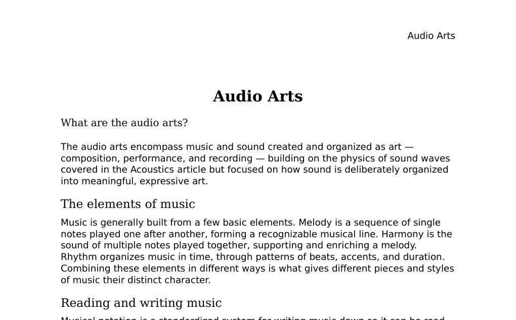 Music theory, equal temperament, and digital audio sampling Dr. Dr. med. sci. Abidin GelesCopyright - All Rights Reserved: This document and all content on this website may not be published, reproduced, or distributed without the written permission of the author, Dr. Dr. med. sci. Abidin Geles.www.medwissen.ch abidin.geles@gmail.com Audio Arts What are the audio arts?The audio arts encompass music and sound created and organized as art — composition, performance, and recording — building on the physics of sound waves covered in the Acoustics article but focused on how sound is deliberately organized into meaningful, expressive art.…