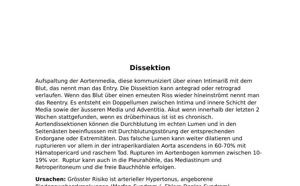 Aneurysma: Aufweitung bzw. Dilatation eines Blutgefässes. Entsprechnd ihrer Wandbeschaffenheit gibt es echte und unechte, entsprechend ihres Erscheinungsbildes gibt es sakkuläre und fusiforme, entsprechend ihrer Ätiologie gibt es angeboren und erworbene, entsprechend ihrer Lokalisation gibt es thorakale (Aorta ascendens, Aorta descendens, Aortenbogen), thorakoabdominelle und abdominelle Aneurysmen. Aortenaneurysmen werden (nach Crawford) folgendermaßen klassifiziert:Typ I: Aneurysma des gesamten Aorta descendens und proximaler Teil des Aorta abdominalis ohne Einbeziehung der Nierenarterien.…