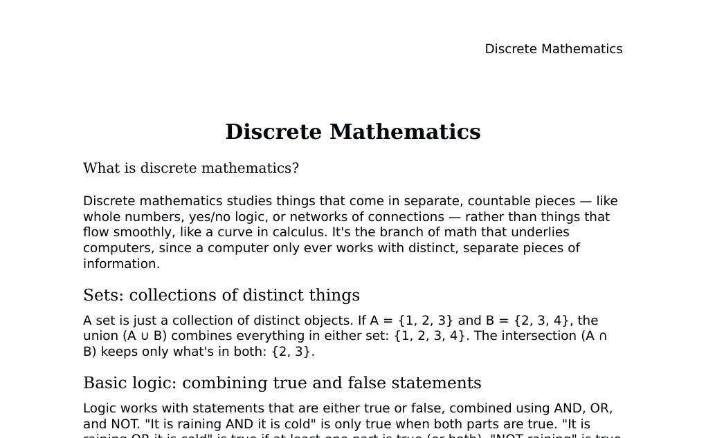 (the mathematics of countable, separate structures: sets, logic, and graphs) Dr. Dr. med. sci. Abidin GelesCopyright - All Rights Reserved: This document and all content on this website may not be published, reproduced, or distributed without the written permission of the author, Dr. Dr. med. sci. Abidin Geles.www.medwissen.ch abidin.geles@gmail.com Discrete Mathematics What is discrete mathematics?Discrete mathematics studies things that come in separate, countable pieces — like whole numbers, yes/no logic, or networks of connections — rather than things that flow smoothly, like a curve in calculus.…