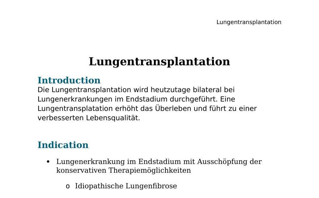 Lungentransplantation IntroductionDie Lungentransplantation wird heutzutage bilateral bei Lungenerkrankungen im Endstadium durchgeführt. Eine Lungentransplatation erhöht das Überleben und führt zu einer verbesserten Lebensqualität.IndicationLungenerkrankung im Endstadium mit Ausschöpfung der konservativen Therapiemöglichkeiten…