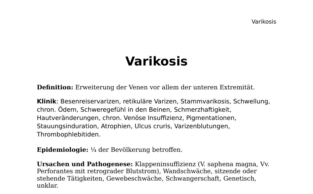 (Synonym: Varizen, Krampfader, Krampfaderleiden, Venenknoten) Dr. Abidin GelesCopyright - All Rights Reserved: This document and all other data on the homepage are not to publish or reproduce without the permission of the author Dr. Abidin Geles.www.medwissen.ch abidin.geles@gmail.com Varikosis Definition: Erweiterung der Venen vor allem der unteren Extremität.Klinik: Besenreiservarizen, retikuläre Varizen, Stammvarikosis, Schwellung, chron. Ödem, Schweregefühl in den Beinen, Schmerzhaftigkeit, Hautveränderungen, chron. Venöse Insuffizienz, Pigmentationen, Stauungsinduration, Atrophien, Ulcus cruris, Varizenblutungen, Thrombophlebitiden.…