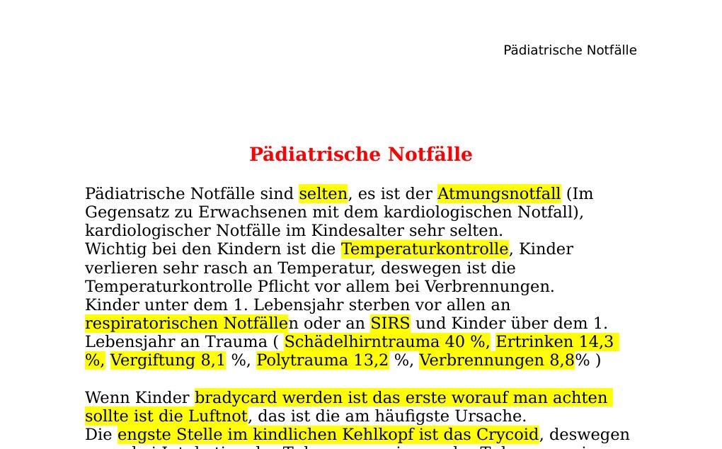 Pädiatrische NotfällePädiatrische Notfälle sind selten, es ist der Atmungsnotfall (Im Gegensatz zu Erwachsenen mit dem kardiologischen Notfall), kardiologischer Notfälle im Kindesalter sehr selten.Wichtig bei den Kindern ist die Temperaturkontrolle, Kinder verlieren sehr rasch an Temperatur, deswegen ist die Temperaturkontrolle Pflicht vor allem bei Verbrennungen.Kinder unter dem 1. Lebensjahr sterben vor allen an respiratorischen Notfällen oder an SIRS und Kinder über dem 1. Lebensjahr an Trauma ( Schädelhirntrauma 40 %, Ertrinken 14,3 %, Vergiftung 8,1 %, Polytrauma 13,2 %, Verbrennungen 8,8% )…