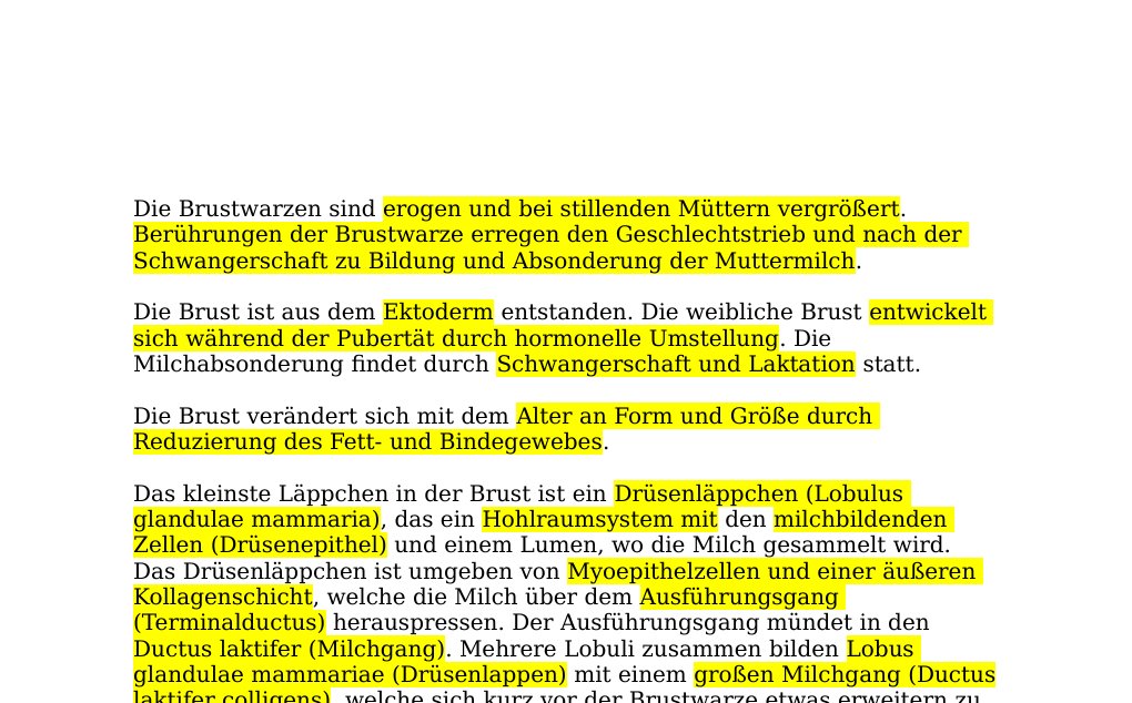 Die Brust befindet sich auf dem großen und kleinen Brustmuskel und erstreckt sich von der 2. bis zur 7. Rippe mit einer zentralen stark pigmentierten Brustwarze (Mamille) und einem etwas geringer pigmentiertem Warzenhof (Areola)Die Weibliche Brustdrüse gehört zu den sekundären Geschlechtsmerkmalen der Frau und besteht aus Fett- und Bindegewebe sowie Brustdrüse (Glandula mammaria), welche bei stillenden Frauen über die Ausführungsgängen und Brustwarze (Mamille) Muttermilch abgeben. Weiters hat die weibliche Brust eine Anziehungskraft auf potentielle Partner.…