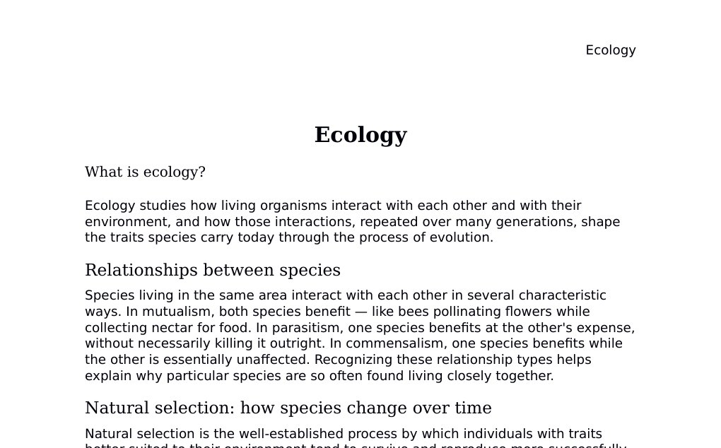 Species interactions, natural selection, speciation, and evolution in action Dr. Dr. med. sci. Abidin GelesCopyright - All Rights Reserved: This document and all content on this website may not be published, reproduced, or distributed without the written permission of the author, Dr. Dr. med. sci. Abidin Geles.www.medwissen.ch abidin.geles@gmail.com Ecology What is ecology?Ecology studies how living organisms interact with each other and with their environment, and how those interactions, repeated over many generations, shape the traits species carry today through the process of evolution.…