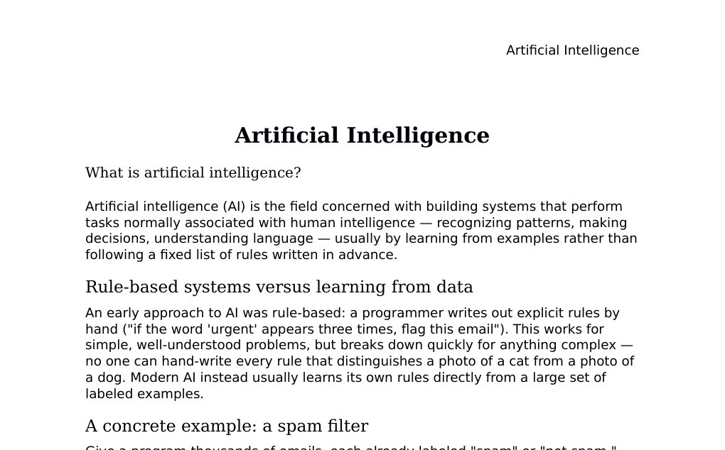 (systems that learn statistical patterns from data to perform tasks associated with human intelligence)Dr. Dr. med. sci. Abidin GelesCopyright - All Rights Reserved: This document and all content on this website may not be published, reproduced, or distributed without the written permission of the author, Dr. Dr. med. sci. Abidin Geles.www.medwissen.ch abidin.geles@gmail.com Artificial Intelligence What is artificial intelligence?Artificial intelligence (AI) is the field concerned with building systems that perform tasks normally associated with human intelligence — recognizing patterns, making decisions, understanding language — usually by learning from examples rather than following a fixed list of rules written in advance.…