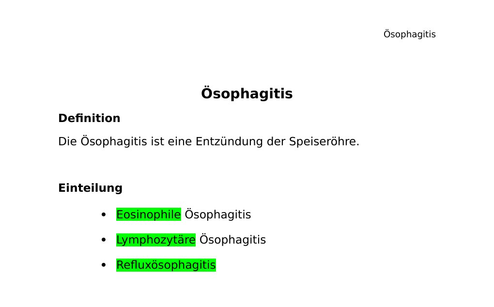 Ösophagitis Definition Die Ösophagitis ist eine Entzündung der Speiseröhre. Einteilung Eosinophile Ösophagitis Lymphozytäre Ösophagitis Refluxösophagitis Eosinophile Ösophagitis Definition: Allergische Form der Speiseröhrenentzündung Diagnose: Endokopie, Histologie Therapie: Kortikosteroide Lymphozytäre Ösophagitis Folgt… Refluxösophagitis (Gastroösophageale Refluxerkrankung (GERD)) Definition:Insuffizienz des unteren Ösophagussphinkters Regurgitation von Mageninhalt mit SodbrennenVor allem 2x pro Woche über mehrere Wochen Tritt vor allem zwischen 40-60 Lebensjahr auf Risikofaktoren: Zunehmende Motilität des Ösophagus Verminderte Speichelproduktion Weniger Mobilität Zunehmender Muskelabbau Diaphragma-Schwäche Hiatushernie…