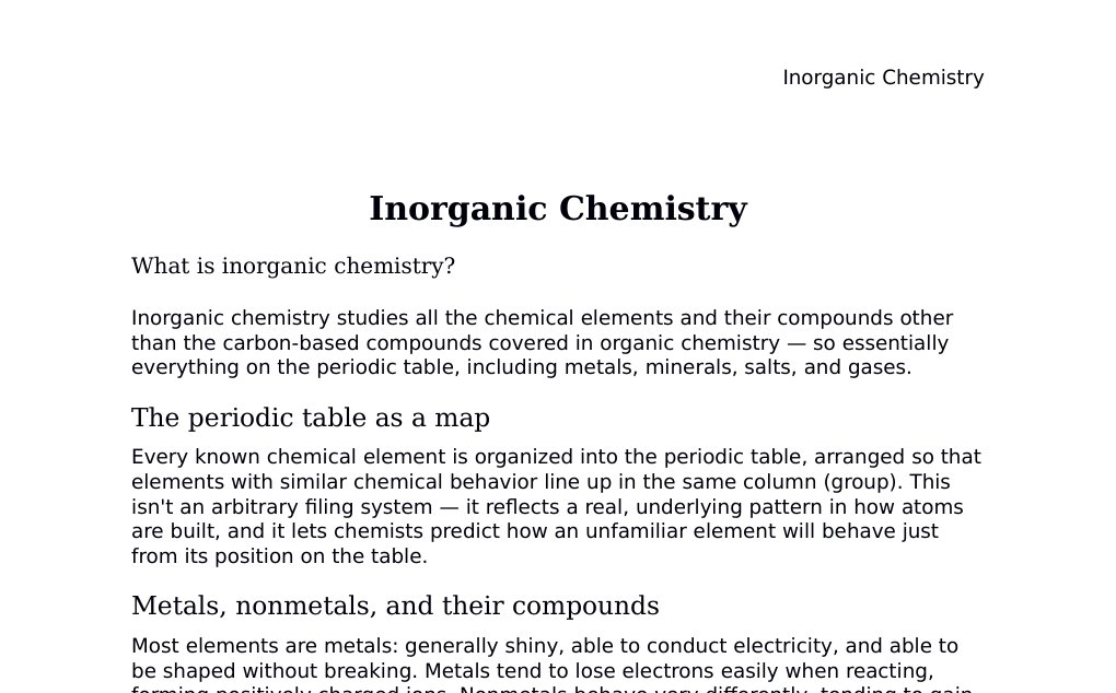 The periodic table, metals, coordination compounds, and redox reactions Dr. Dr. med. sci. Abidin GelesCopyright - All Rights Reserved: This document and all content on this website may not be published, reproduced, or distributed without the written permission of the author, Dr. Dr. med. sci. Abidin Geles.www.medwissen.ch abidin.geles@gmail.com Inorganic Chemistry What is inorganic chemistry?Inorganic chemistry studies all the chemical elements and their compounds other than the carbon-based compounds covered in organic chemistry — so essentially everything on the periodic table, including metals, minerals, salts, and gases.…