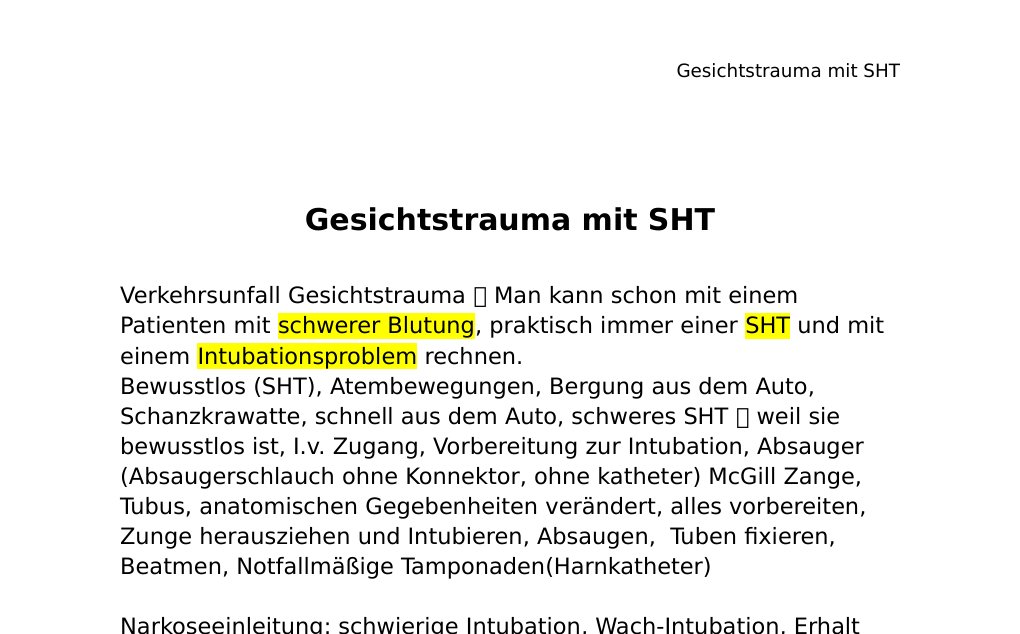 Gesichtstrauma mit SHTVerkehrsunfall Gesichtstrauma Man kann schon mit einem Patienten mit schwerer Blutung, praktisch immer einer SHT und mit einem Intubationsproblem rechnen.Bewusstlos (SHT), Atembewegungen, Bergung aus dem Auto, Schanzkrawatte, schnell aus dem Auto, schweres SHT weil sie bewusstlos ist, I.v. Zugang, Vorbereitung zur Intubation, Absauger (Absaugerschlauch ohne Konnektor, ohne katheter) McGill Zange, Tubus, anatomischen Gegebenheiten verändert, alles vorbereiten, Zunge herausziehen und Intubieren, Absaugen, Tuben fixieren, Beatmen, Notfallmäßige Tamponaden(Harnkatheter)…