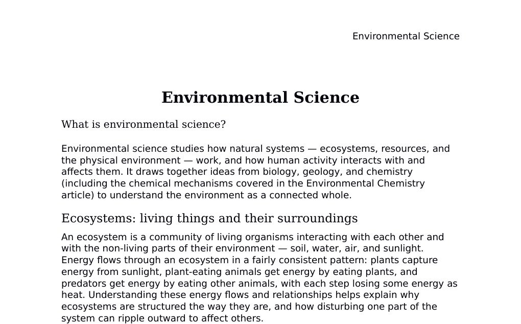 Ecosystems, biodiversity, population dynamics, and resource management Dr. Dr. med. sci. Abidin GelesCopyright - All Rights Reserved: This document and all content on this website may not be published, reproduced, or distributed without the written permission of the author, Dr. Dr. med. sci. Abidin Geles.www.medwissen.ch abidin.geles@gmail.com Environmental Science What is environmental science?Environmental science studies how natural systems — ecosystems, resources, and the physical environment — work, and how human activity interacts with and affects them.…
