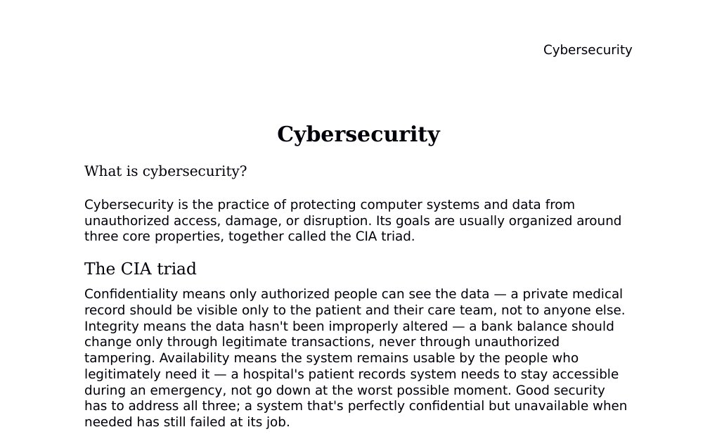 (protecting systems and data: confidentiality, integrity, and availability) Dr. Dr. med. sci. Abidin GelesCopyright - All Rights Reserved: This document and all content on this website may not be published, reproduced, or distributed without the written permission of the author, Dr. Dr. med. sci. Abidin Geles.www.medwissen.ch abidin.geles@gmail.com Cybersecurity What is cybersecurity?Cybersecurity is the practice of protecting computer systems and data from unauthorized access, damage, or disruption. Its goals are usually organized around three core properties, together called the CIA triad.…