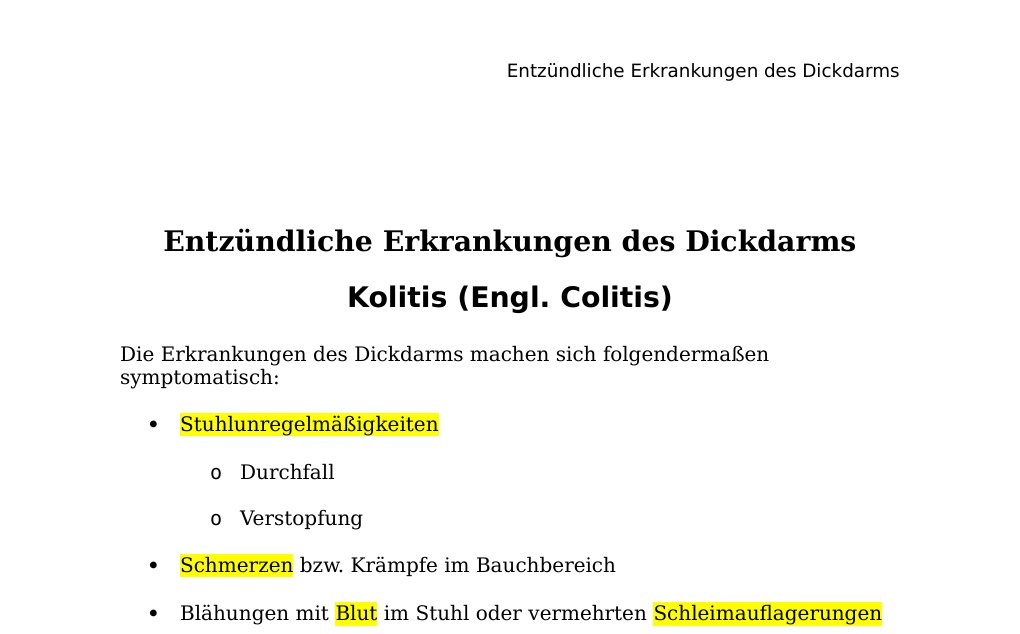 Entzündliche Erkrankungen des Dickdarms Kolitis (Engl. Colitis) Die Erkrankungen des Dickdarms machen sich folgendermaßen symptomatisch: Stuhlunregelmäßigkeiten Durchfall Verstopfung Schmerzen bzw. Krämpfe im Bauchbereich Blähungen mit Blut im Stuhl oder vermehrten Schleimauflagerungen Appetitlosigkeit. Definition Die Kolitis ist eine Entzündung des Dickdarms. Ätiologie Teils unklar StrahlentherapieInfektionen: Krankheitserreger und Parasiten, die über verdorbenes Essen oder verschmutztes Trinkwasser aufgenommen werden, können durch Giftstoffe die Darmschleimhaut schädigen.…