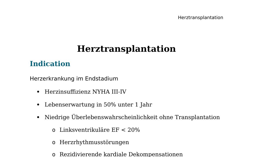 Herztransplantation Indication Herzerkrankung im Endstadium Herzinsuffizienz NYHA III-IV Lebenserwartung in 50% unter 1 Jahr Niedrige Überlebenswahrscheinlichkeit ohne Transplantation Linksventrikuläre EF < 20% Herzrhythmusstörungen Rezidivierende kardiale Dekompensationen Folgende Grunderkrankungen liegen meistens vor: Dilatative Kardiomyopathie Ischämische Kardiomyopathie Klappenvitien Re-Transplantation Kongenitale Herzfehler HOCM Restriktive Kardiomyopathie Kontraindikationen Aktive Infektion Neoplasien Systemische Erkrankungen Lupus erythematodes Sarkoidose Irreversible Nieren- oder Leberdysfunktion Outcome and Challenges  5 years survival 70%  Bei Fragen / Feedback bitte E-Mail an abidin.geles@gmail.com DANKE Abidin Geles www.medwissen.ch…