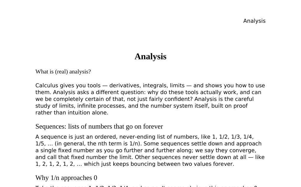 (the rigorous study of limits, continuity, and infinite processes underlying calculus)Dr. Dr. med. sci. Abidin GelesCopyright - All Rights Reserved: This document and all content on this website may not be published, reproduced, or distributed without the written permission of the author, Dr. Dr. med. sci. Abidin Geles.www.medwissen.ch abidin.geles@gmail.com Analysis What is (real) analysis?Calculus gives you tools — derivatives, integrals, limits — and shows you how to use them. Analysis asks a different question: why do these tools actually work, and can we be completely certain of that, not just fairly confident?…